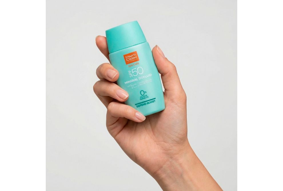 Mano sujetando Protector solar SPF 50 Mineral [D] Fluid